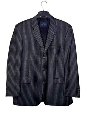 Nautica Men's Sport Coat Blazer Size 44 Black Pin Stripe 3-Button Navigator Wool